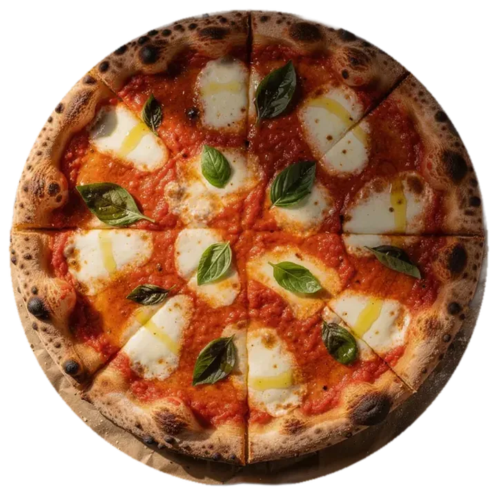 Pizza margarita vista desde arriba, con tomate, mozzarella y albahaca, sobre papel kraft